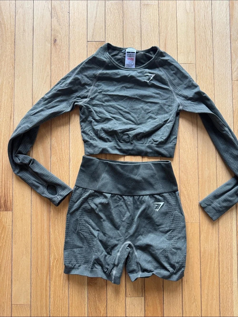 Gymshark Vital Seamless Olive Green Long Sleeve Crop Top & High Waist Shorts Set